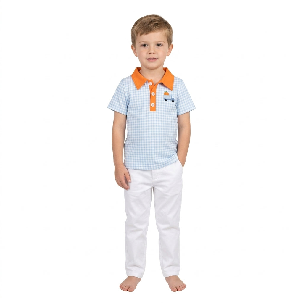 BT1890 Pumpkin Truck Embroidery Blue Checkered Print Boys Fall Polo Tee Shirts Top