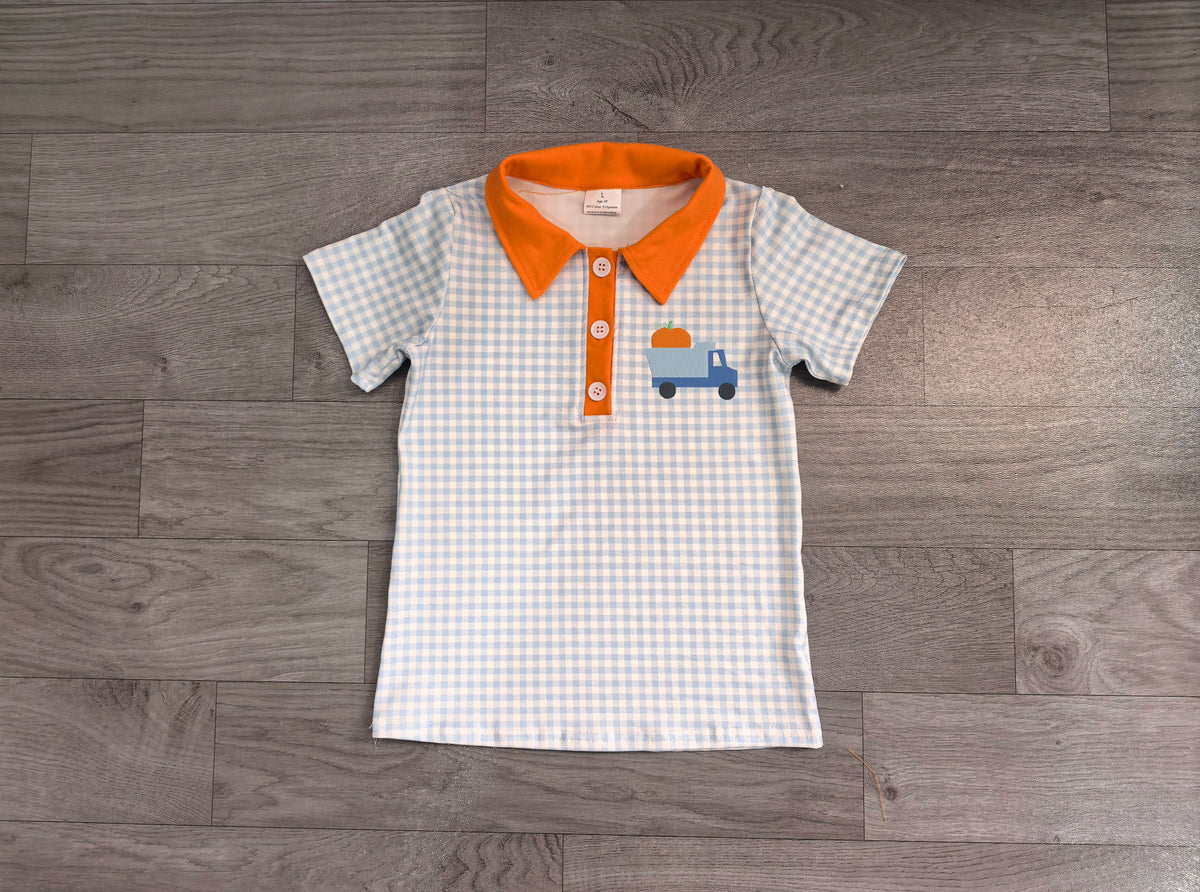 7.23 Preorder Baby Boys Pumpkin Truck Blue Gingham Short Sleeve Polo Top