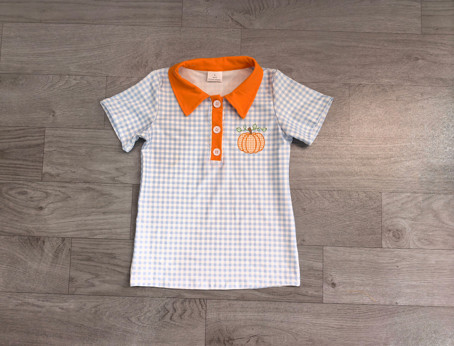7.23 Preorder Baby Boys Pumpkin  Blue Gingham Short Sleeve Polo Top