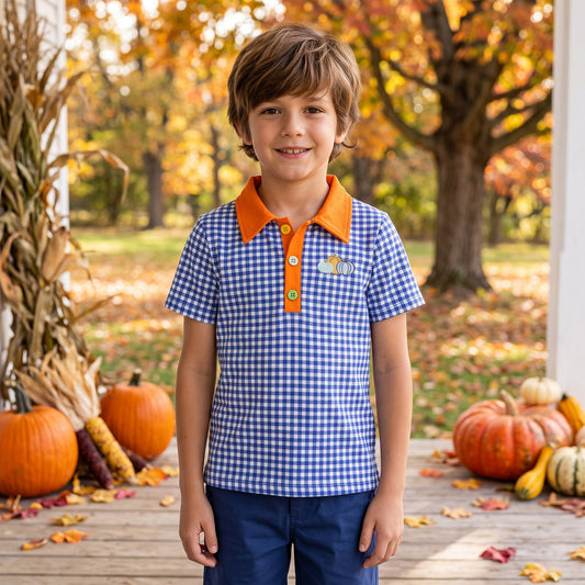 BT1892 Pumpkin Embroidery Blue Checkered Print Boys Fall Polo Tee Shirts Top