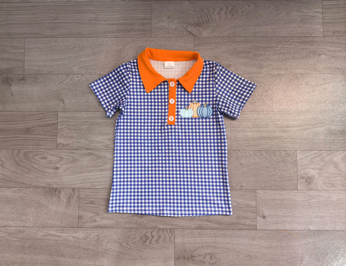 7.23 Preorder Baby Boys Pumpkin Navy Gingham Short Sleeve Polo Top