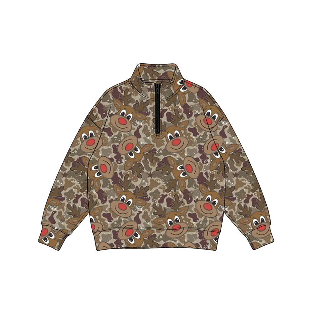 8.10 BT1903 Preorder Deer Camo Print Boys Christmas Long Sleeve Zipper Pullover Top