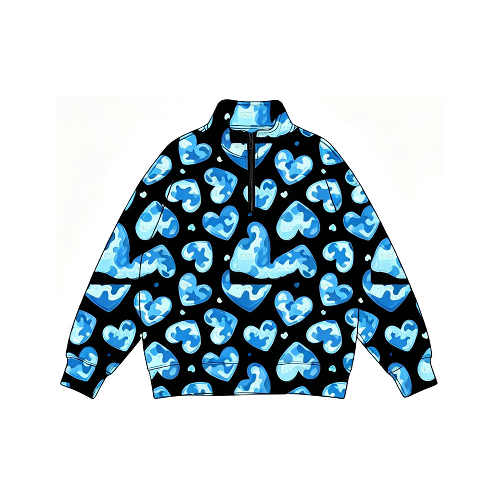 8.10 BT1904 Preorder Blue Camo Hearts Print Boys Valentine's Day Long Sleeve Zipper Pullover Top