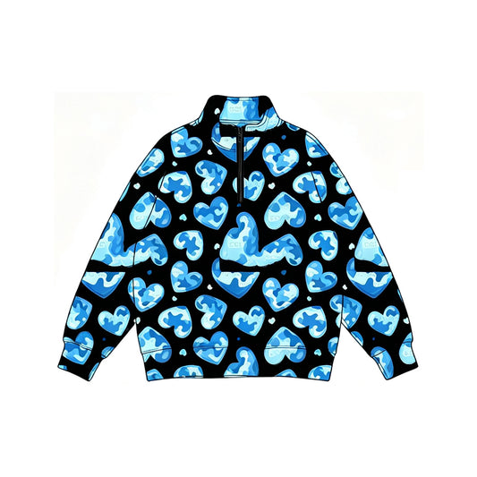 8.10 BT1904 Preorder Blue Camo Hearts Print Boys Valentine's Day Long Sleeve Zipper Pullover Top