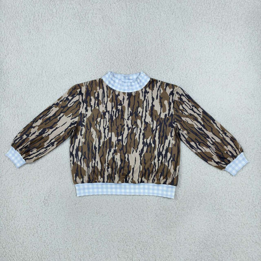 BT1910 Camo Blue Gingham Print Kids Mock Neck Sweatshirt Top