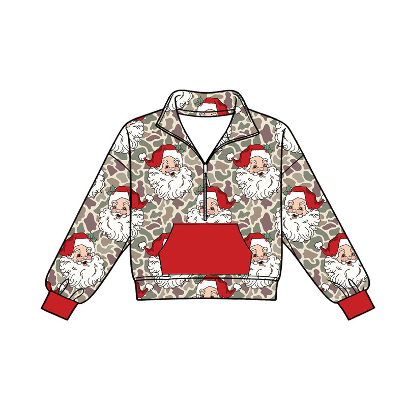 8.19 BT1916 Preorder Santa Camo Print Boys Christmas Zipper Pocket Pullover Top