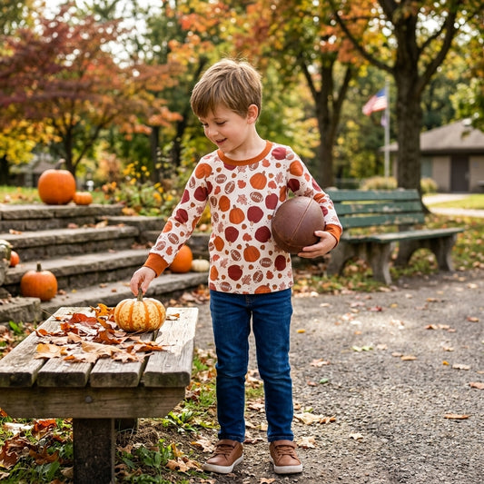 BT1928 Football Pumpkin Leaf Print Kids Boys Fall Long Sleeve Tee Shirts Top