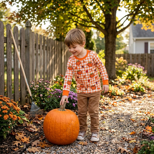 BT1929 Pumpkin Leaf Orange Checkered Print Boys Fall Long Sleeve Tee Shirts Top