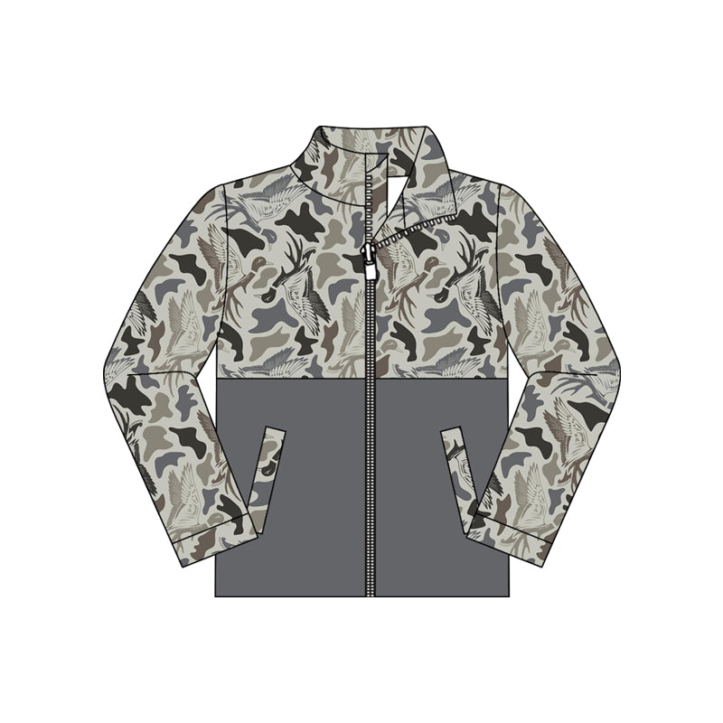8.24 BT1930 Preorder Duck Grey Camo Print Boys Pockets Zipper Jacket Top