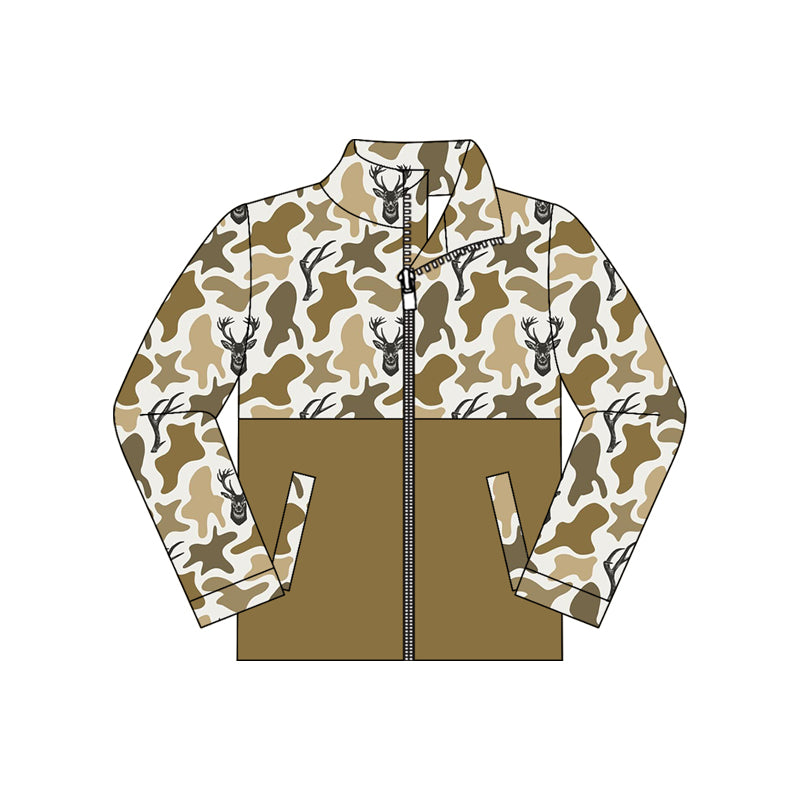 8.24 BT1931 Preorder Deer Brown Camo Print Boys Pockets Zipper Jacket Top