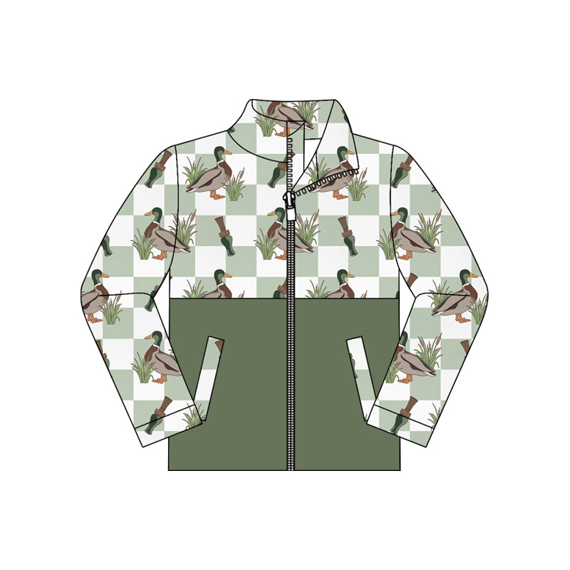 8.24 BT1932 Preorder Duck Call Checkered Green Print Boys Pockets Zipper Jacket Top