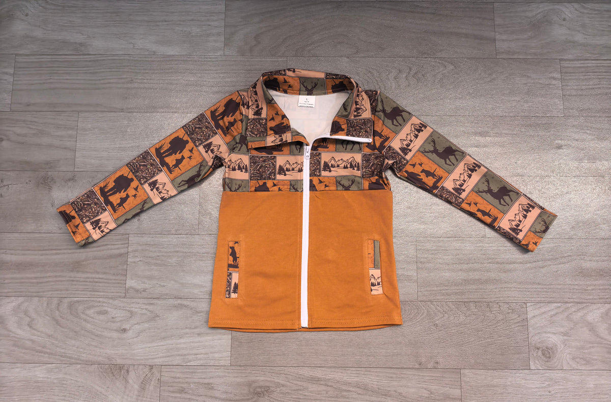 8.24 BT1934 Preorder Deer Hunting Brown Print Boys Pockets Zipper Jacket Top