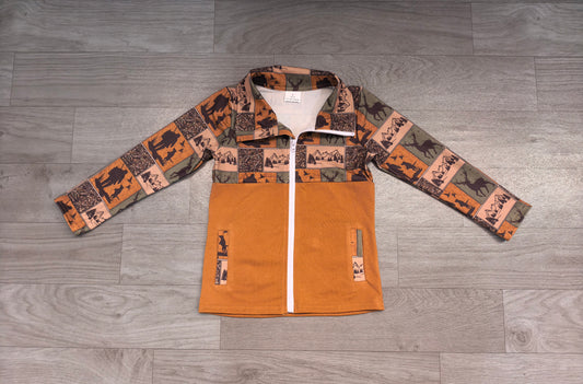 8.24 BT1934 Preorder Deer Hunting Brown Print Boys Pockets Zipper Jacket Top