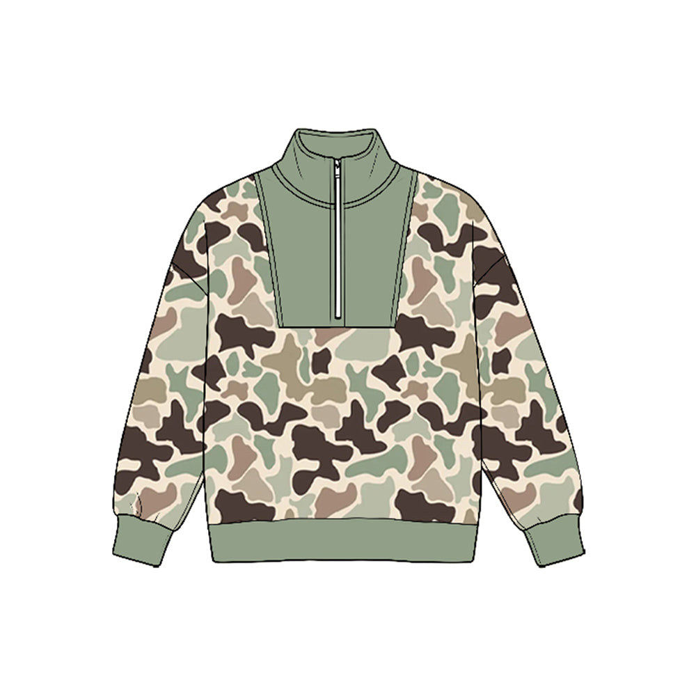 8.25  Preorder  Green Brown Camo Half‑Zip  Long Sleeve Pullover Top