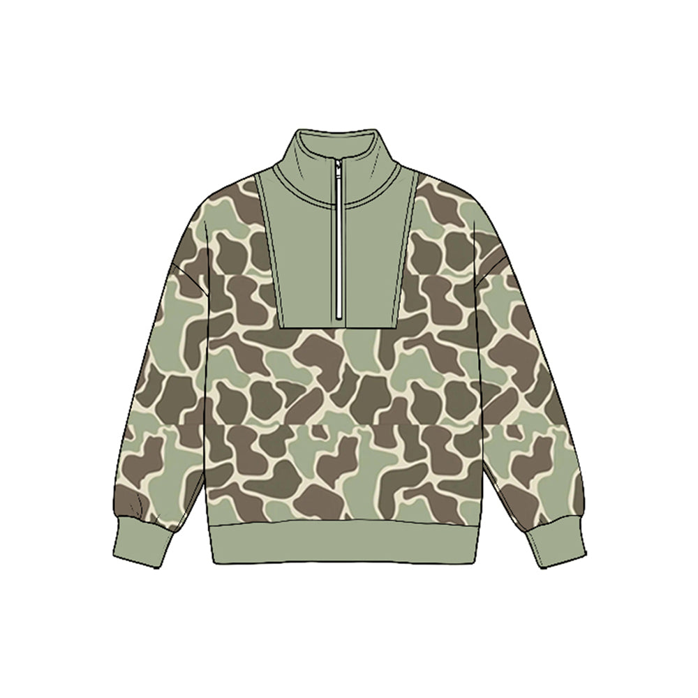 8.25  Preorder Olive Duck Camo Half‑Zip  Long Sleeve Pullover Top
