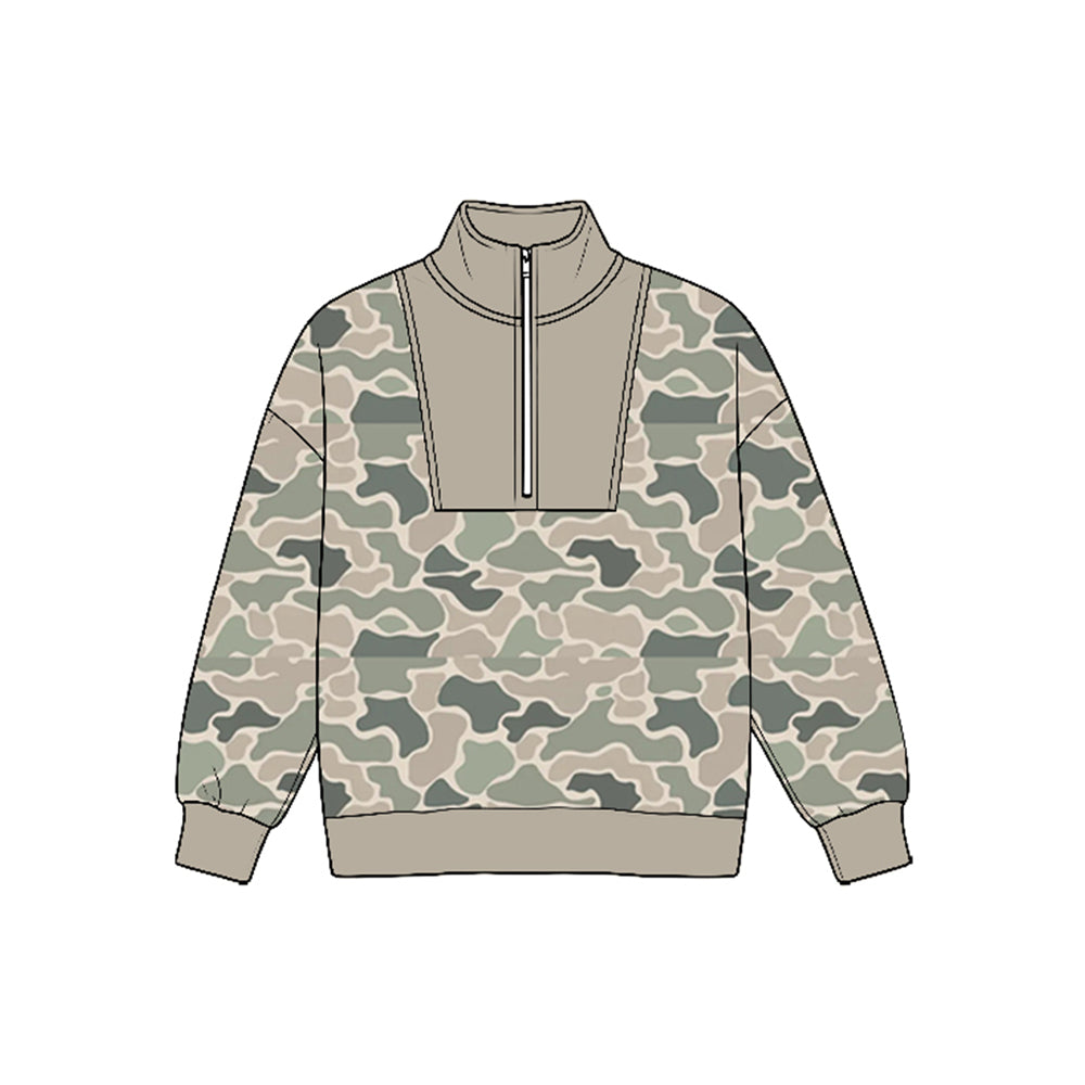 8.25  BT1947 Preorder Green  Camo Half‑Zip Long Sleeve Pullover Top