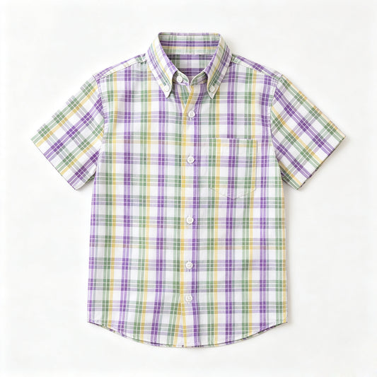 9.2 BT1957 Preorder Green Purple Yellow Checkered Print Boys Mardi Gras Short Sleeve Tee Shirts Top