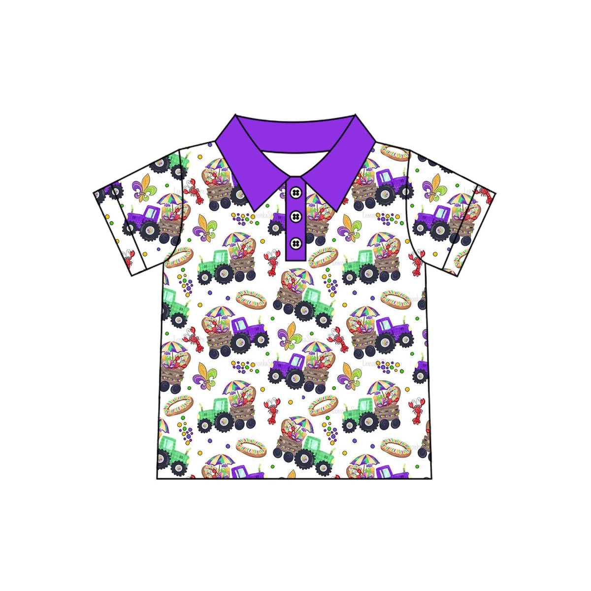 9.3 BT1959 Preorder Baby Boys Mardi Gras Tractor Carwfish King Short Sleeve Polo Shirt