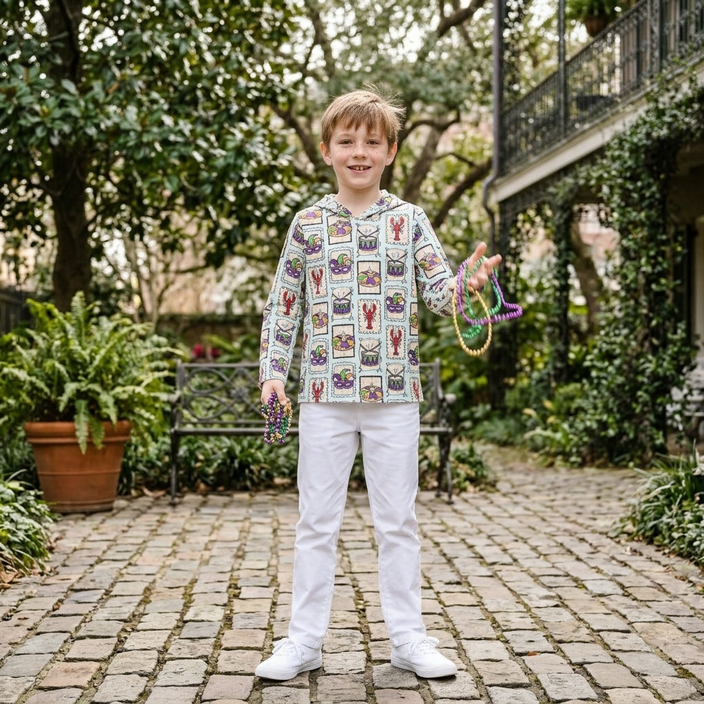 BT1968 Mask Crayfish Donut Print Boys Mardi Gras Long Sleeve Hoodie Top