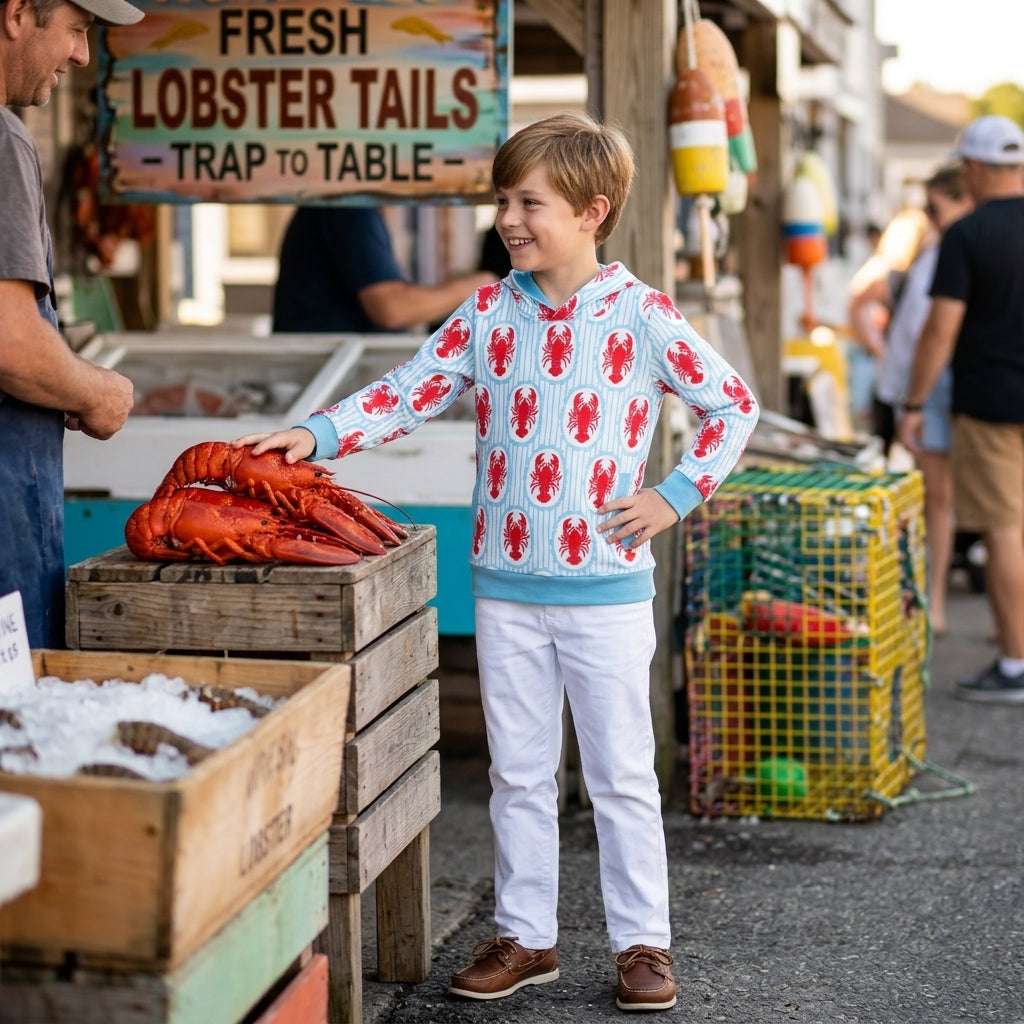 BT1974 Crayfish Blue Stripes Boys Long Sleeve Hoodie Top