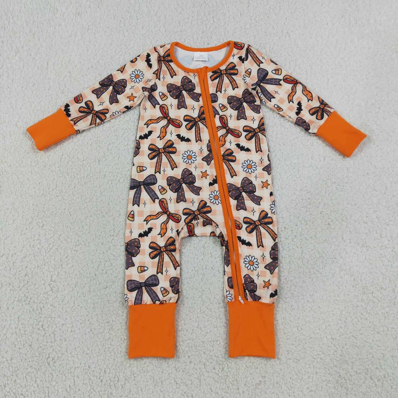 LR3161 Bows Candy Flowers Bat Baby Girls Halloween Long Sleeve Zipper Sleeper Romper