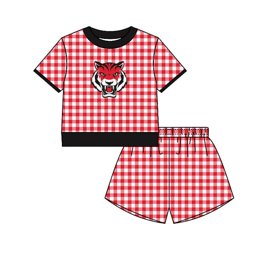(Custom Design Preorder MOQ 5) Teams Belton Tigers Top Red Checkerd Shorts Mommy and Me Summer Yoga Clothes Set