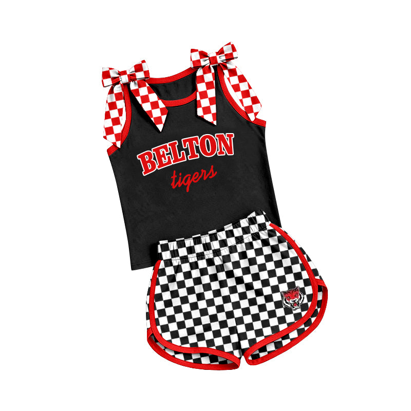 (Custom Design Preorder MOQ 5) Teams Belton Tigers Bows Vest Top Checkerd Shorts Mommy and Me Summer Yoga Clothes Set