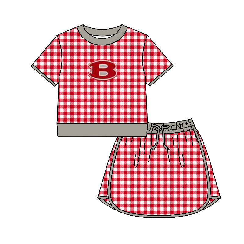 (Custom Design Preorder MOQ 5) Teams Belton Tigers Grey Edge Top Red Checkerd Skort Girls Summer Yoga Clothes Set