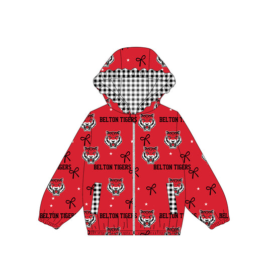 (Custom Design Preorder MOQ 5) Teams Belton Tigers Bows Stars Print Girls Pockets Zipper Ruffle Hoodie Yoga Jacket Top