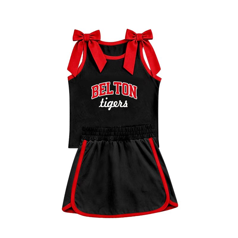(Custom Design Preorder MOQ 5) Teams Belton Tigers Bows Top Black Skort Girls Summer Clothes Set