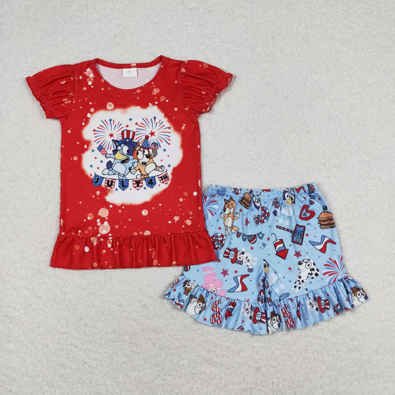 GSSO0804 Cartoon Dog Red Top Fireworks Ruffle Shorts Baby Girls 4th of July Clothes Sets
