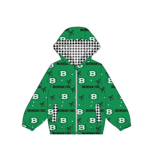 (Custom Design Preorder MOQ 5) Teams Brenham Cubs Bows Stars Print Girls Pockets Zipper Ruffle Hoodie Yoga Jacket Top