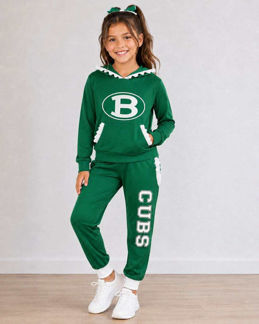 (Custom Design Preorder MOQ 5) Teams Brenham Cubs Green White Ruffles Hoodie Top Pockets Joggers Pants Woman Yoga Clothes Set