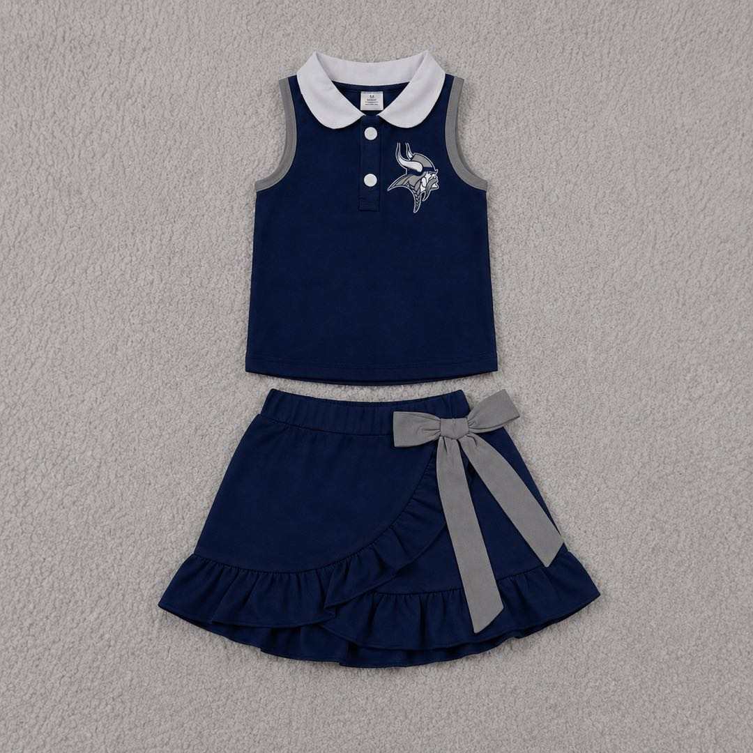 (Custom Design Preorder MOQ 5) Teams Bryan Vikings Top Grey Bows Skort Girls Summer Yoga Clothes Set