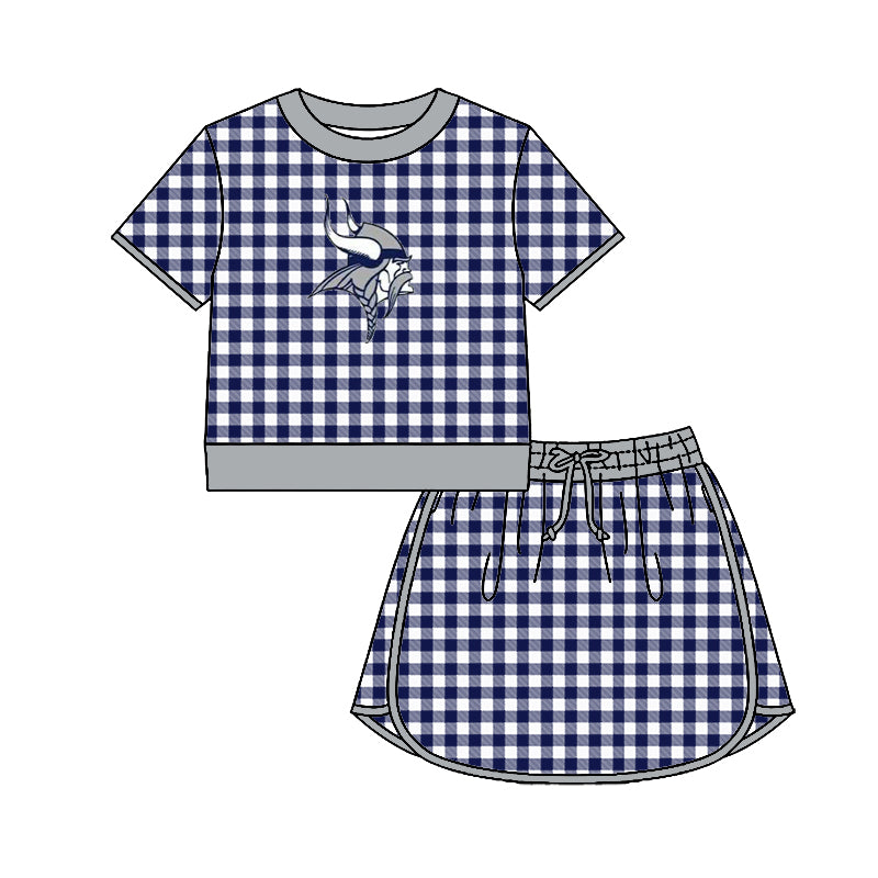 (Custom Design Preorder MOQ 5) Teams Bryan Vikings Top Navy Checkerd Skort Girls Summer Yoga Clothes Set