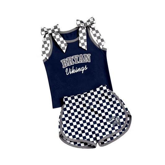 (Custom Design Preorder MOQ 5) Teams Bryan Vikings Bows Vest Top Checkerd Shorts Mommy and Me Summer Yoga Clothes Set