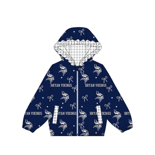 (Custom Design Preorder MOQ 5) Teams Bryan Vikings Bows Stars Print Girls Pockets Zipper Ruffle Hoodie Yoga Jacket Top