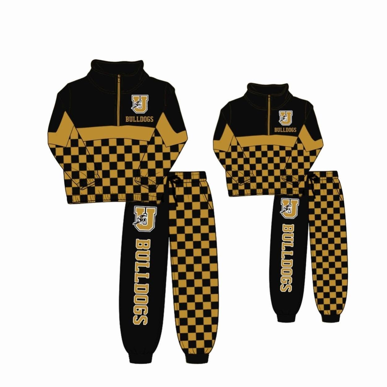 (Custom Design Preorder MOQ 5)  Teams BULLDOGS Print Kids & Adult Long Sleeve Zipper Top Pockets Joggers Pants Clothes Set