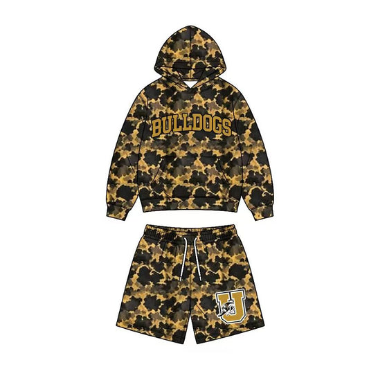 (Custom Design Preorder MOQ 5) Teams Bulldogs Gold Camo Hoodie Top Pockets Shorts Kids Clothes Set