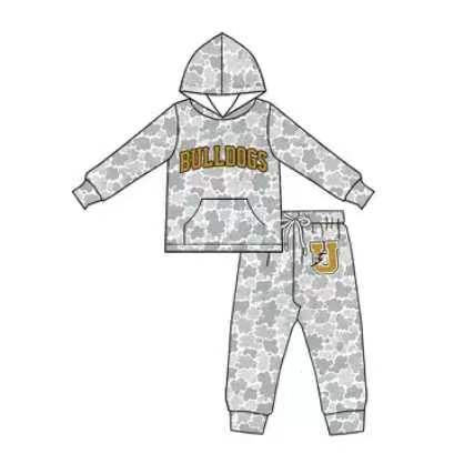 (Custom Design Preorder MOQ 5) Teams Bulldogs Grey Camo Hoodie Top Pockets Pants Kids Clothes Set