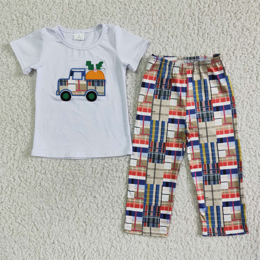 (Promotion) C1-22 Pumpkin Truck Embroidery White Top Plaid Pants Boys Fall Clothes Set