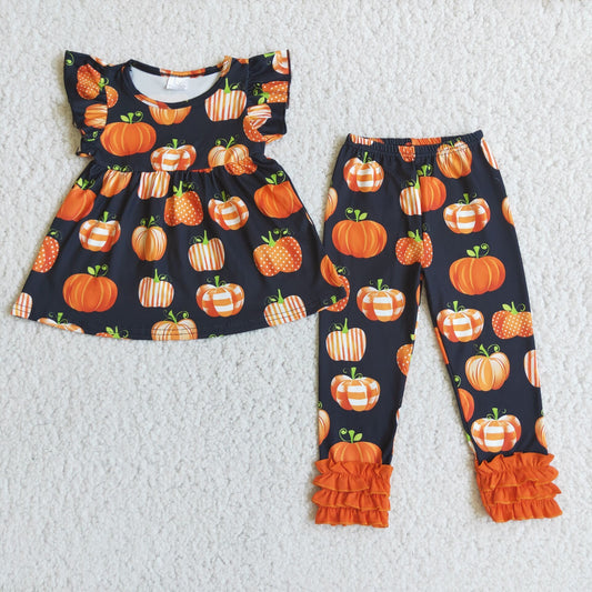 C10-21 Pumpkin Tunic Top Legging Pants Girls Fall Clothes Set