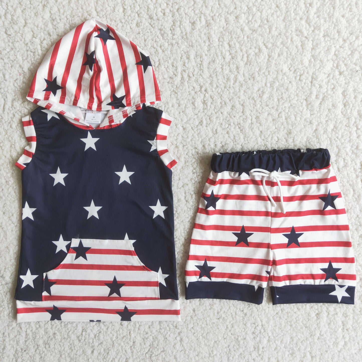 (Promotion)C14-23 Stars Stripes Hoodie Top Shorts Boys 4th of July Clothes Set