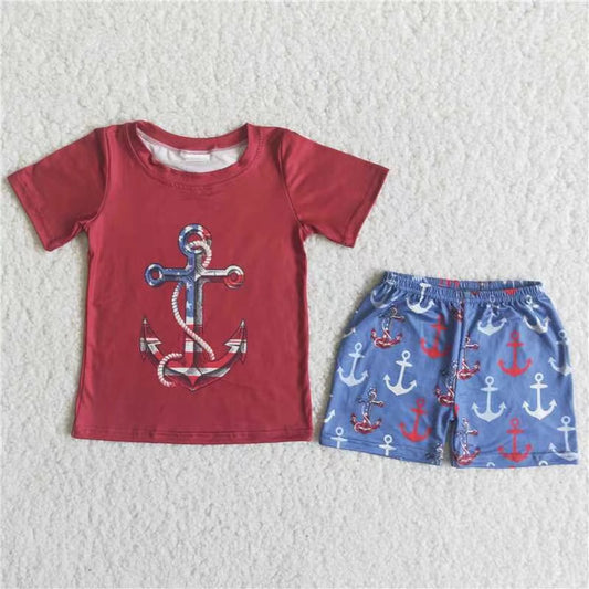 (Promotion)C14-39 Anchor Red Top Blue Shorts Boys 4th of July Clothes Set
