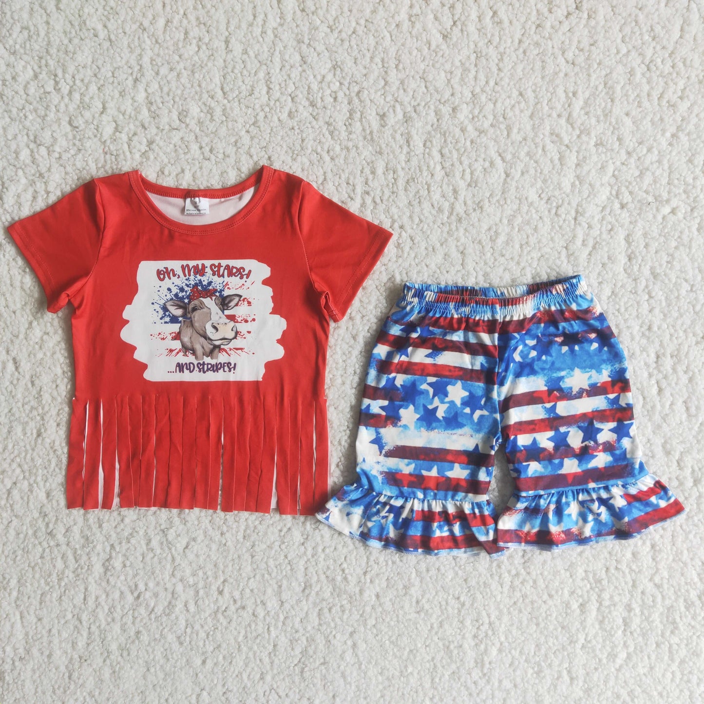 (Promotion)C15-2 Highland Cow Tassel Top Stars Shorts Girls 4th of July Clothes Set