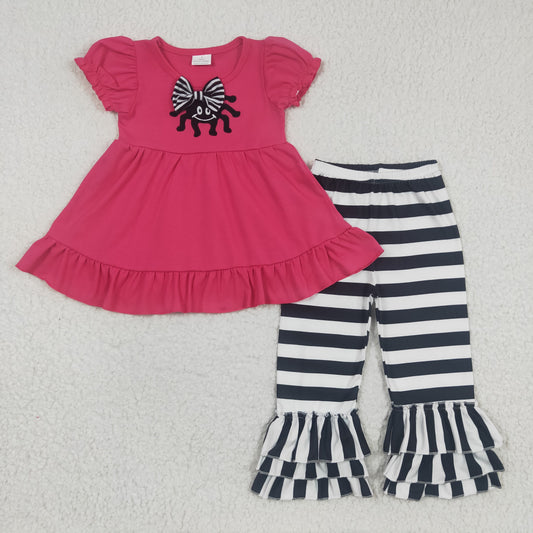 (Promotion) C2-8-1 Spider Embroidery Hot Pink Tunic Top Stripes Pants Girls Halloween Clothes Set