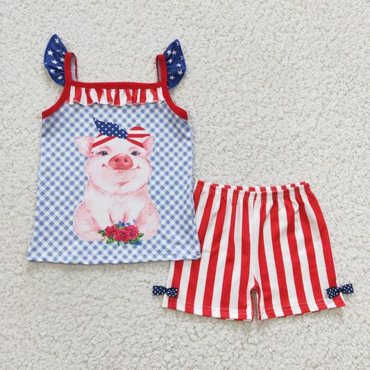 (Promotion)C4-11 Pig Plaid Top Stripes Shorts Girls 4th of July Clothes Set