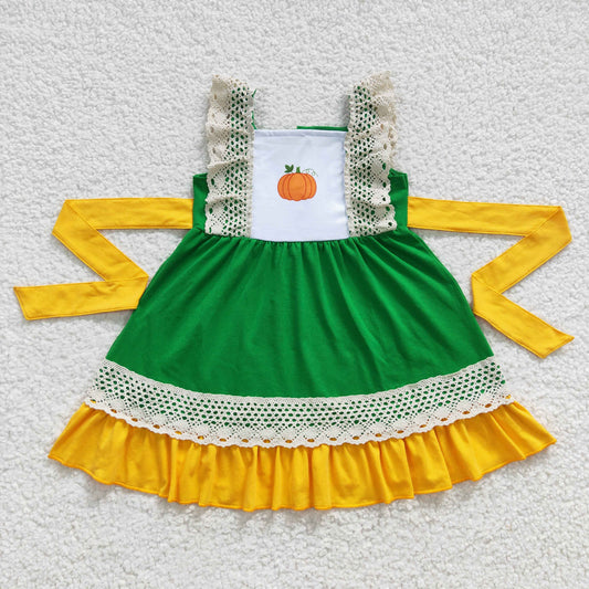 (Promotion) C9-10 Pumpkin Print Ruffle Girls Knee Length Dress