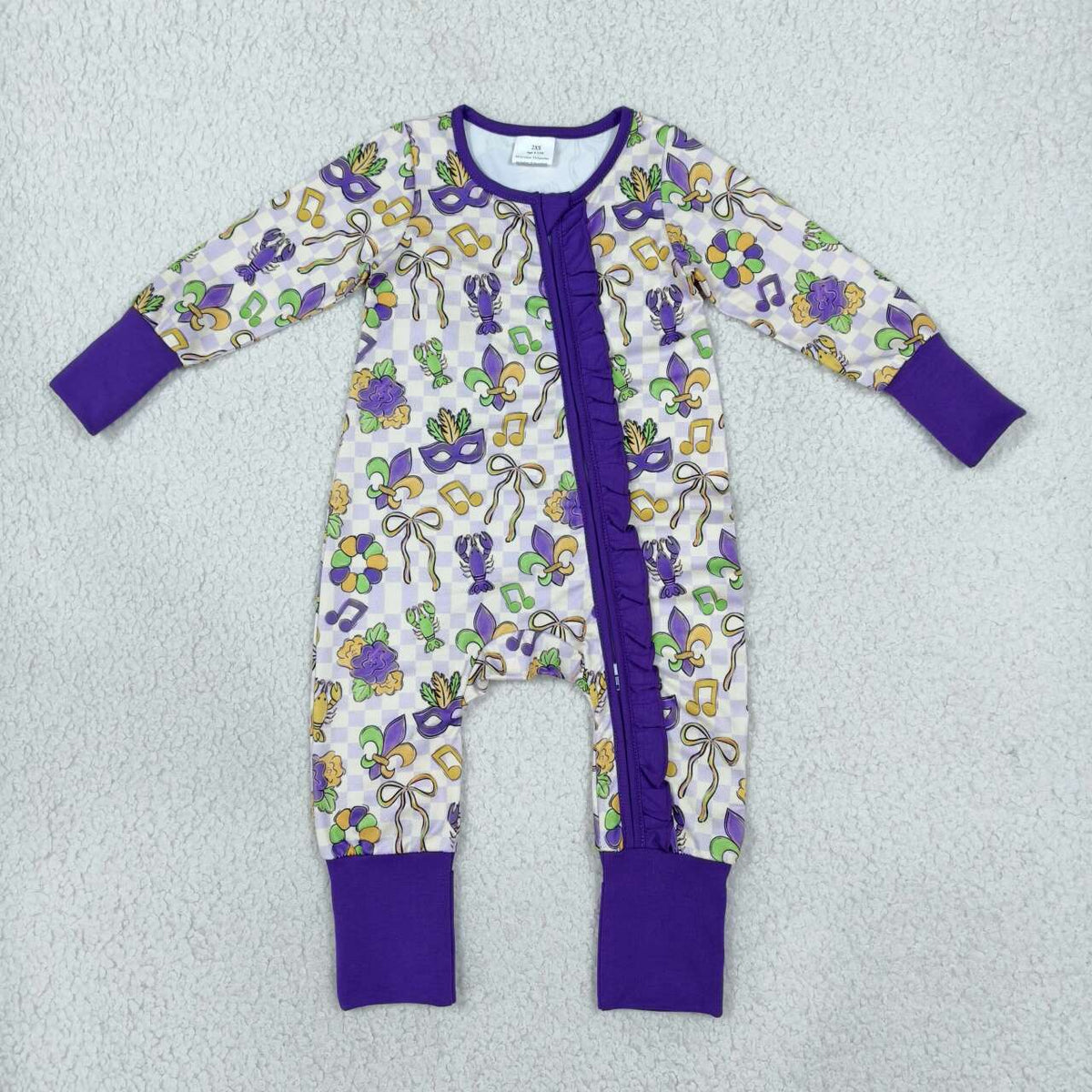 Anchor Bows Crayfish Checkered Print Baby Girls Mardi Gras Zipper Sleeper Romper