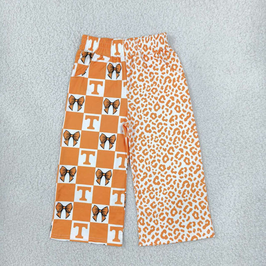 P1121 Teams Tennessee Bows Checkered Leopard Print Girls Bottom Pockets Straight Split Pants